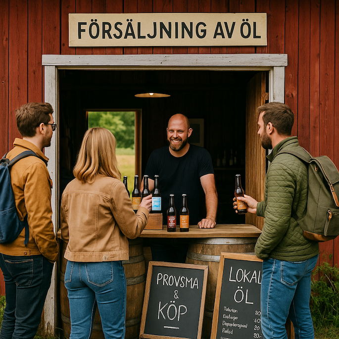 Gårdsförsäljning av öl i Sverige – besökare köper öl direkt från mikrobryggeri
