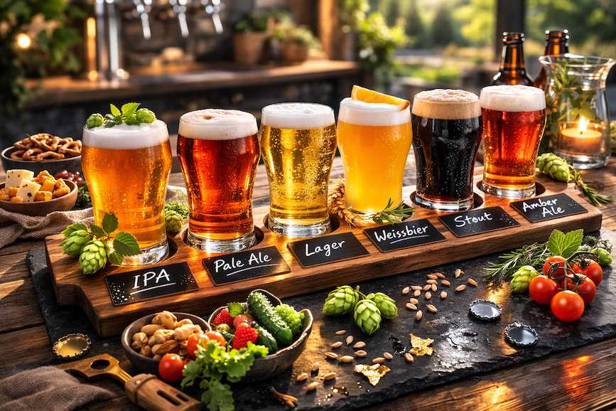 Provningsbricka med olika sorters hantverksöl i glas på en träbricka, med flera öltyper i olika färger och skumkronor i en mysig bar- eller bryggerimiljö.